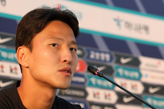 Kwon Kyung-won speaks during a press conference before a training session at Al Egla Training Site 5 in Doha, Qatar on Monday. [NEWS1]