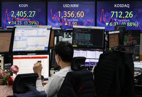 A screen in Hana Bank's trading room in central Seoul shows the Kospi closing at 2,405.27 points on Tuesday, down 14.23 points, or 0.59 percent, from the previous trading day. [YONHAP]