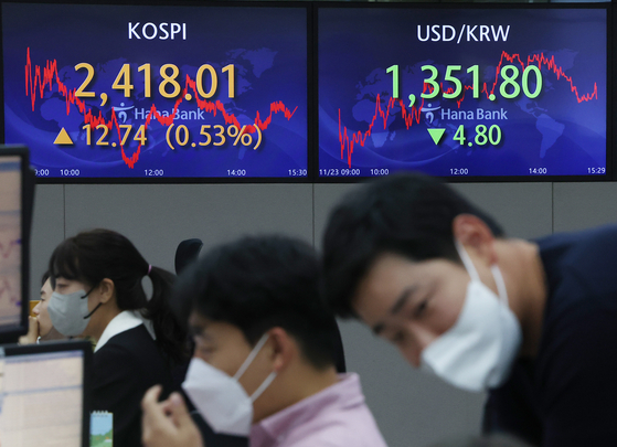 A screen in Hana Bank's trading room in central Seoul shows the Kospi closing at 2,418.01 points on Wednesday, up 12.74 points, or 0.53 percent, from the previous trading day. [YONHAP]