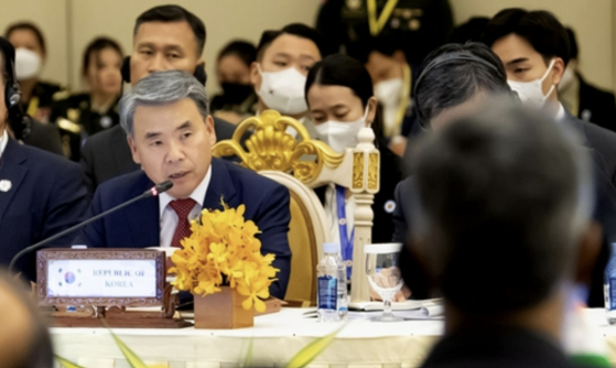 South Korea's Defense Minister Lee Jong-sup speaks during the main session of the ninth Association of Southeast Asian Nations (Asean) Defence Ministers' Meeting-Plus held in Siem Reap, Cambodia, on Nov. 23, 2022. [YONHAP]