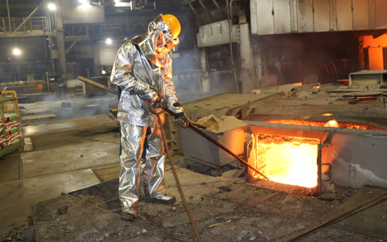 A Posco employee works at its Pohang steel plant in North Gyeongsang on Nov. 23. [POSCO] 