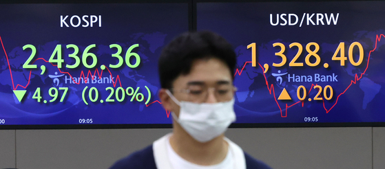 Electronic display boards at Hana Bank in central Seoul show stock and foreign exchange markets on Friday morning. [YONHAP]