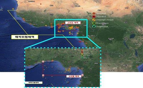 Above, an image provided by the Ministry of Oceans and Fisheries shows waters off West Africa where kidnappings are rampant. [YONHAP] 