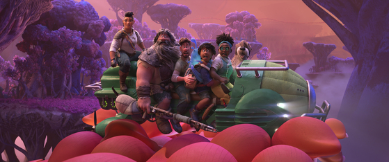 From left, leader of Avalonia Callisto Mal, Jaeger Clade, Searcher Clade, Ethan Clade, his mother Meridian Clade and the family's three-legged dog venture into the uncharted world below their planet of Avalonia in Disney's newest animation film "Strange World." [WALT DISNEY COMPANY KOREA]