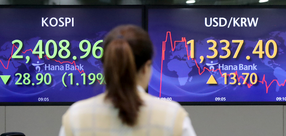 Electronic display boards at Hana Bank in central Seoul show stock and foreign exchange markets on Monday morning. [NEWS1]