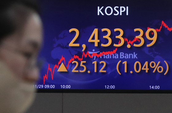 A screen in Hana Bank's trading room in central Seoul shows the Kospi closing at 2,433.39 points on Tuesday, up 25.12 points, or 1.04 percent, from the previous trading day. [NEWS1]