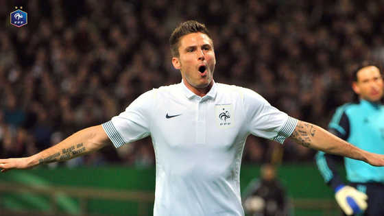 Olivier Giroud scored his first goal for Les Bleus in February of 2012 against Germany [ONE FOOTBALL]