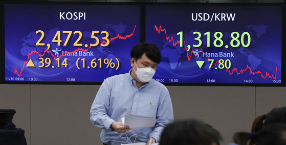 A screen in Hana Bank's trading room in central Seoul shows the Kospi closing at 2,472.53 points on Wednesday, up 39.14 points, or 1.61 percent, from the previous trading day. [YONHAP]