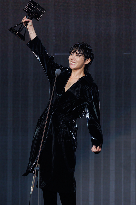 J-Hope of BTS accepts MAMA Platinum for the boy band at the 2022 MAMA Awards [MNET]