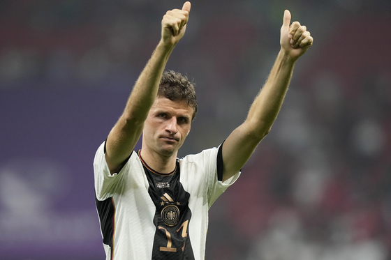 Germany's Thomas Mueller reacts after the World Cup group E soccer match between Costa Rica and Germany at the Al Bayt Stadium in Al Khor , Qatar on Thursday. [AP/YONHAP]