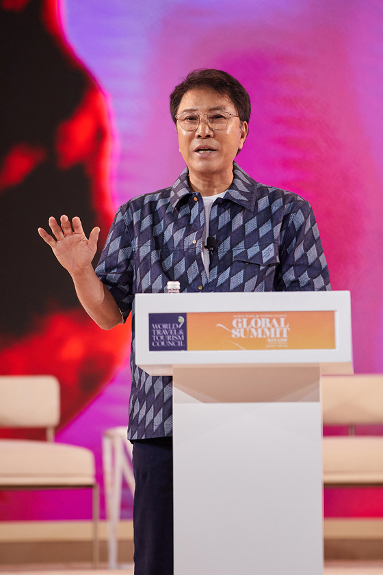 Lee Soo-man, founder and chief producer of SM Entertainment, speaks at the 2022 World Travel & Tourism Council Global Summit in Riyadh on Nov. 30. [SM ENTERTAINMENT]