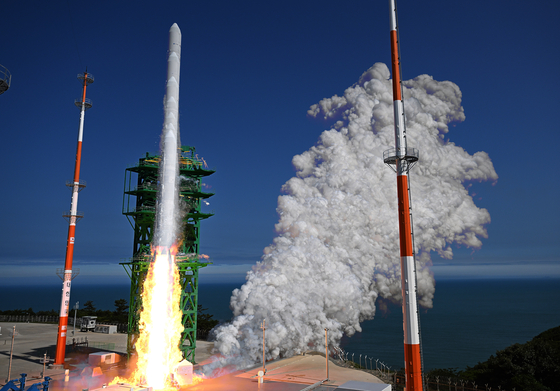 The Korea Space Launch Vehicle-II, or Nuri, takes off from the Naro Space Center in Goheung County, South Jeolla, on June 21. [JOINT PRESS CORP]