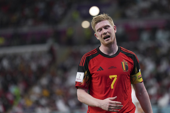 Kevin de Bruyne of Belgium reacts during the Group F match between Croatia and Belgium at the 2022 FIFA World Cup at Ahmad Bin Ali Stadium in Al Rayyan, Qatar on Thursday. [XINHUA/YONHAP]