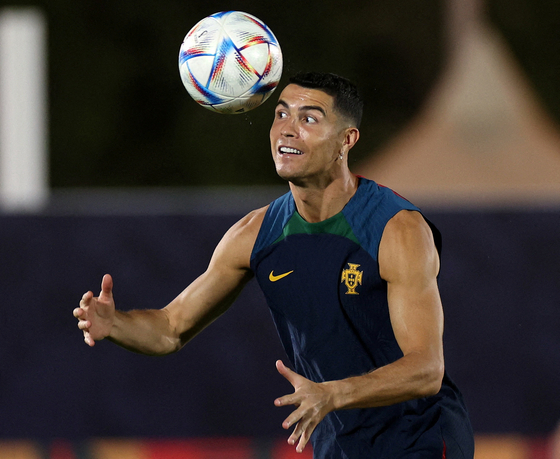 Cristiano Ronaldo during a training session on Thursday at Al Shahaniya SC Training Facilities in Al-Shahaniya, Qatar ahead of Portugal's final group stage match against Korea scheduled Friday. [YONHAP]