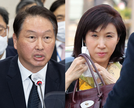 SK Group Chairman Chey Tae-won and his wife Roh Soh-yeong are seen arriving at the Seoul Family Court in Seocho District, southern Seoul, on April 7, 2022. [NEWS1]
