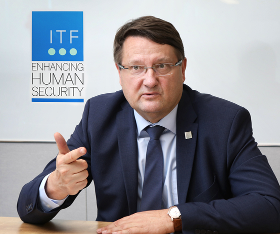 Tomaz Lovrencic, director of ITF Enhancing Human Security, speaks with the Korea JoongAng Daily in Seoul on Friday. [PARK SANG-MOON]