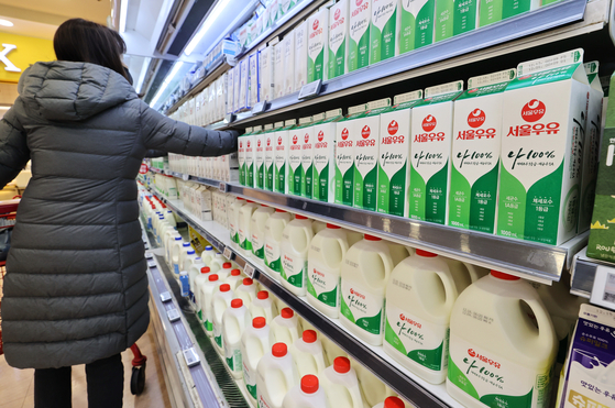 Employees of Seoul Milk went on a partial strike on Wednesday over a dispute related to wages. Stores selling Seoul Milk products were notified there may be some disruptions in supply due to the strike. Above shows cartons of milk displayed at a discount mart in Seoul on Wednesday. [YONHAP]