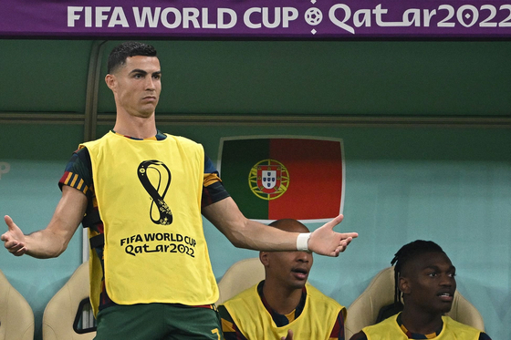 Portugal's Cristiano Ronaldo reacts during a Qatar 2022 World Cup round of 16 match between Portugal and Switzerland at Lusail Stadium in Lusail, Qatar on Tuesday.  [AFP/YONHAP]