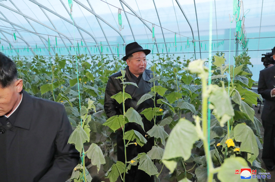 North Korean leader Kim Jong-un visits a greenhouse in South Hamgyong, North Korea, on Oct. 11. [YONHAP]