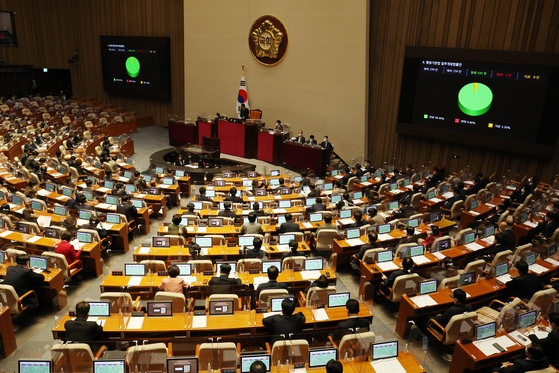 A plenary session of the National Assembly is held on Thursday in Yeouido, western Seoul. Bills to prevent a massive IT service outage were passed during the Thursday session, after a 127-hour Kakao service meltdown was caused by a fire at a data center in October. [KIM KYEONG-ROK]