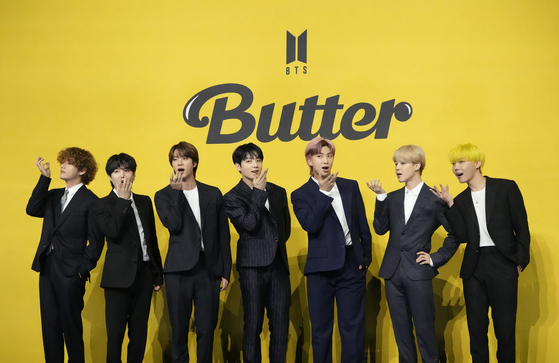 BTS members pose during a press conference for their single ″Butter″ in 2021. [AP/YONHAP] 