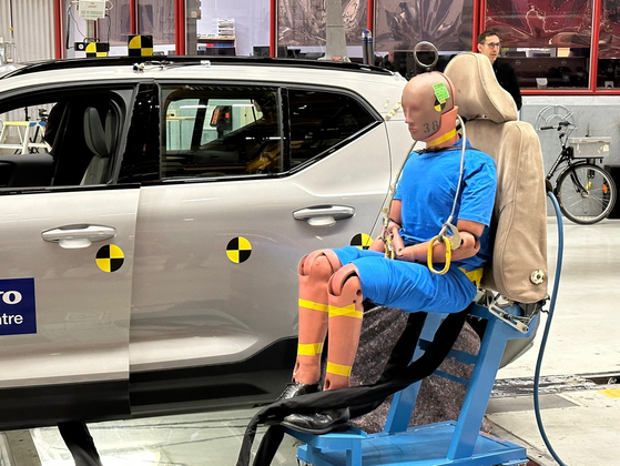 A human dummy is waiting for a crash test at Volvo Cars Safety Centre in Gothenburg, Sweden, on Dec. 6. [SARAH CHEA]