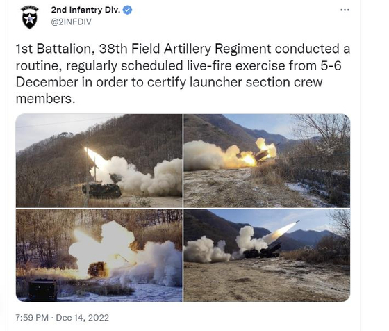A tweet from the U.S. 2nd Infantry Division on Thursday described the Dec. 5-6 artillery drill as a routine training exercise. [SCREEN CAPTURE]