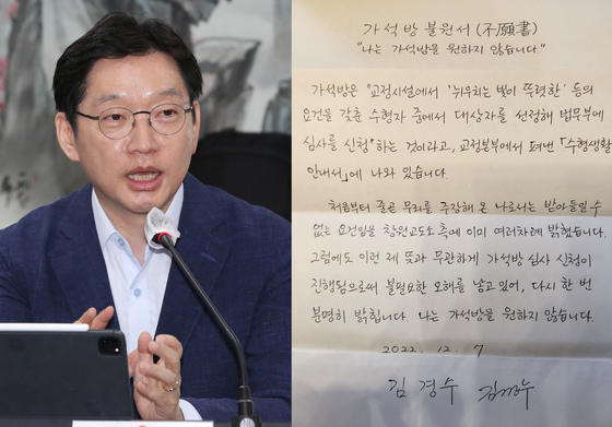 Former South Gyeongsang Gov. Kim Kyoung-soo, left, submitted a handwritten letter saying he does not want parole to correctional authorities on Dec. 7. [JOONGANG ILBO]