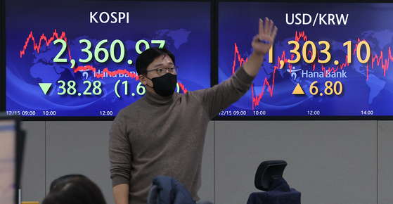 A screen in Hana Bank's trading room in central Seoul shows the Kospi closing at 2,360.97 points on Thursday, down 38.28 points, or 1.60 percent, from the previous trading day. [YONHAP]