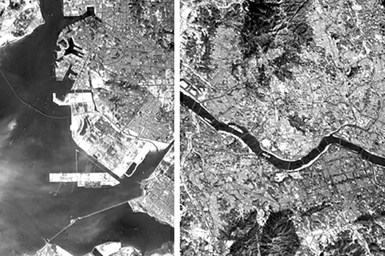 Pyongyang's state-controlled Rodong Sinmun carried black-and-white photos of Incheon, left, and Seoul, right, which the regime said were taken from a test satellite launched on Sunday. [NEWS1]