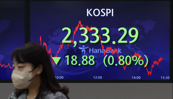 A screen in Hana Bank's trading room in central Seoul shows the Kospi closing at 2,333.29 points on Tuesday, down 18.88 points, or 0.8 percent, from the previous trading day. [YONHAP]