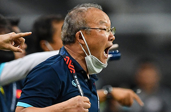 Vietnam coach Park Hang-seo reacts during the second leg of an AFF Suzuki Cup 2020 football semi-final match between Vietnam and Thailand at the National Stadium in Singapore on Dec. 26, 2021. [AFP/YONHAP]