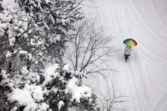 A citizen heads to work with an umbrella from an apartment in Gwangju on the morning of Dec. 23. [YONHAP]