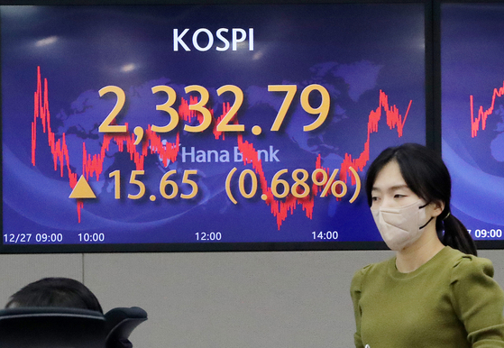 A screen in Hana Bank's trading room in central Seoul shows the Kospi closing at 2,332.79 points on Tuesday, up 15.65 points, or 0.68 percent, from the previous trading day. [NEWS1] 