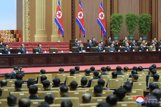 Senior North Korean officials take part in a meeting at the Mansudae Assembly Hall in Pyongyang on Dec. 26, 2022, to mark the 50th anniversary the next day of the promulgation of the country's Socialist Constitution, with North Korean leader Kim Jong-un in attendance, in this photo released by the North's official Korean Central News Agency. [YONHAP]