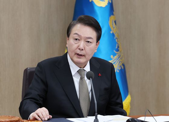 President Yoon Suk-yeol speaks during a Cabinet meeting at the presidential office in Seoul on Tuesday. [YONHAP]