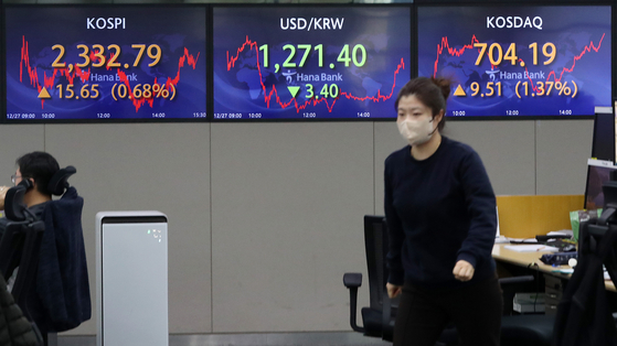Electronic display boards at Hana Bank in central Seoul show market closings on Tuesday. [YONHAP]