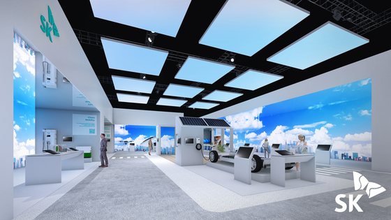 An image of SK's booth at CES 2023. Some 40 carbon-cutting technologies and products will be displayed. [SK INC.]