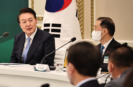 President Yoon Suk Yeol speaks at a meeting at the Blue House state guesthouse in central Seoul Wednesday. [JOINT PRESS CORPS] 