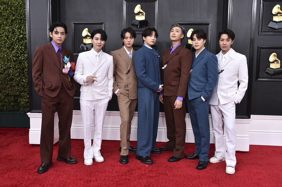 Boy band BTS arrives at the 64th Annual Grammy Awards at the MGM Grand Garden Arena in Las Vegas on April 3, 2022. [AP]