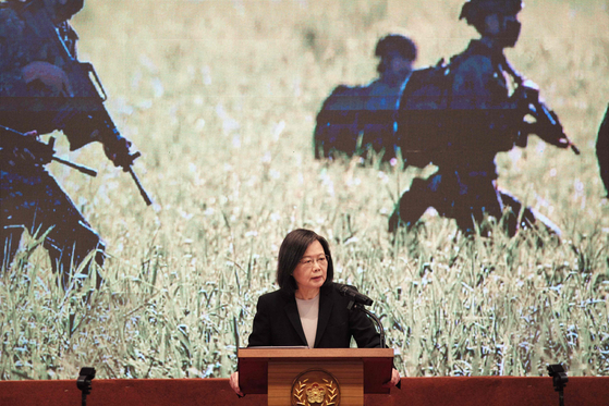 Taiwan's President Tsai Ing-wen speaks during a press conference at the presidential office in Taipei on Dec. 27, 2022, announcing an extension in mandatory military service from four months to one year, saying the island needs to prepare for the increasing threat from China [AFP/YONHAP] 
