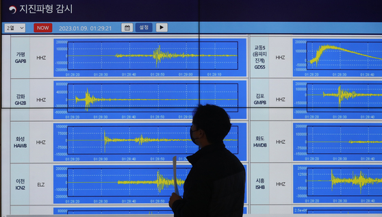 Displays at the Korea Meteorological Administration show data about the earthquake that struck Gangwha County in Incheon early Monday. [NEWS1] 