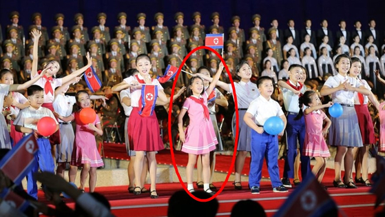 A video clip from state media of a young girl in a pink dress at the center of a children’s choir at an event celebrating North Korea’s 74th founding anniversary attended by North Korean leader Kim Jong-un and wife Ri Sol-ju on Sept. 8, 2022, led to speculation on whether she could be Ju-ae. [KCNA]