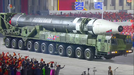 In footage broadcast by state-controlled Korean Central Televsion, a Hwasong-17 intercontinental ballistic missile (ICBM) is unveiled at a military parade in Pyongyang on Oct. 10, 2020. [YONHAP]