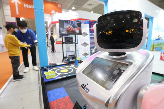 An educational robot is displayed at Education Korea 2023, an education fair, at COEX in southern Seoul on Thursday. [YONHAP]