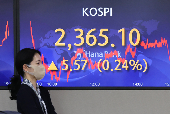 A screen in Hana Bank's trading room in central Seoul shows the Kospi closing at 2,365.10 points on Thursday, up 5.57 points, or 0.24 percent, from the previous trading day. [YONHAP]