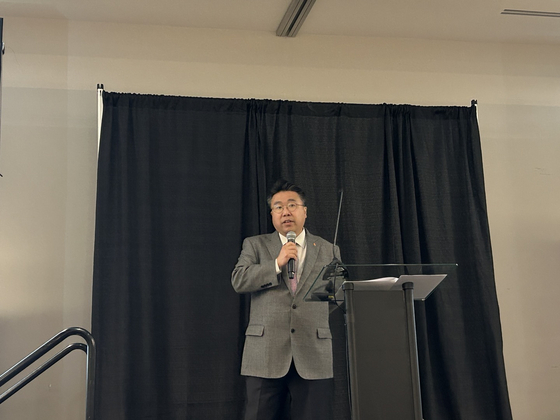 Jeong Jun-yong, the chief executive of SK battery America, speaks during a press conference in Georgia on Jan. 9. [SARAH CHEA]