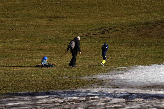 A man pulls a child on a sled over a meadow with melting snow in Filzmoos, Austria, on Jan. 6. [AP/YONHAP]