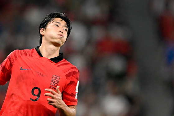 Cho Gue-sung reacts during a 2022 Qatar World Cup group H match between Korea and Portugal at Education City Stadium in Al-Rayyan, Doha on Dec. 2, 2022.  [AFP/YONHAP]