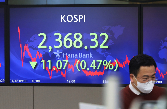 A screen in Hana Bank's trading room in central Seoul shows the Kospi closing at 2,368.32 points on Wednesday, down 11.07 points, or 0.47 percent, from the previous trading day. [YONHAP]